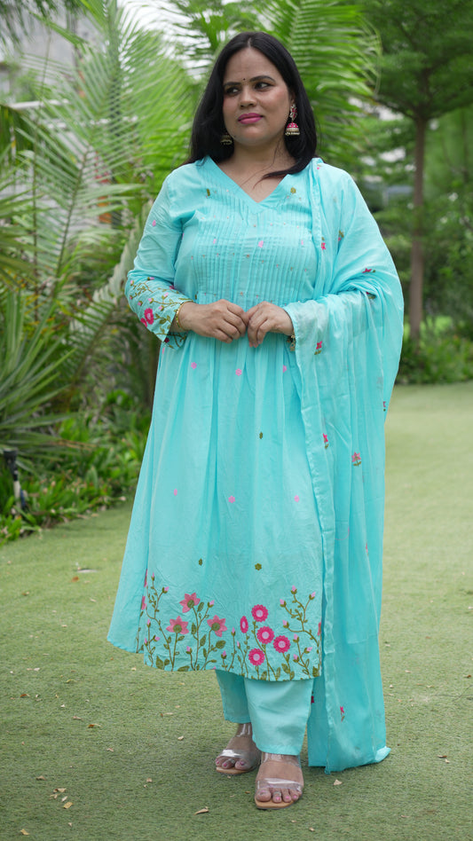 Ruaati Women's Sky Blue Embroidered Mul Cotton A-Line Kurta Pant with Embroidered Dupatta | Floral Ethnic Suit Set | Festive, Casual & Office Wear