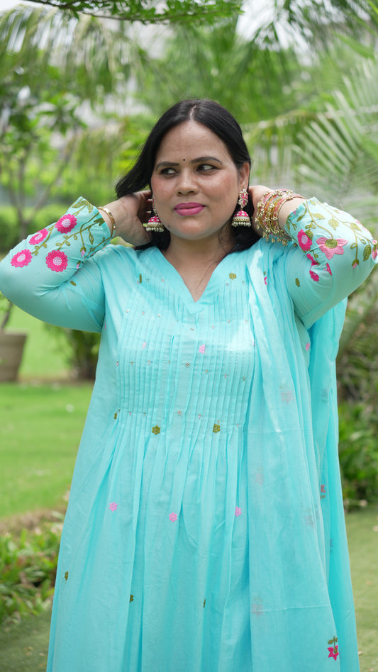 Ruaati Women's Sky Blue Embroidered Mul Cotton A-Line Kurta Pant with Embroidered Dupatta | Floral Ethnic Suit Set | Festive, Casual & Office Wear