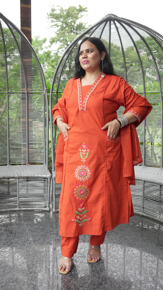 Ruaati Women's Rust Orange Embroidered Cotton Kurta Pant with Embroidered Dupatta | Straight Fit Ethnic Suit Set | Festive & Casual Wear