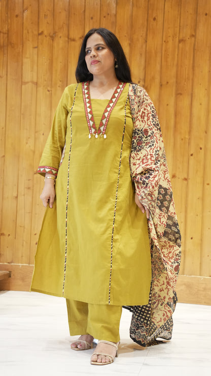 Ruaati Women Premium Mul Cotton Olive Green Printed Suit Set with Designer Dupatta