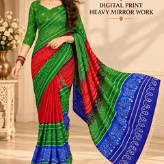 Multi Color Georgette Saree with Digital Print & Heavy Mirror Work
