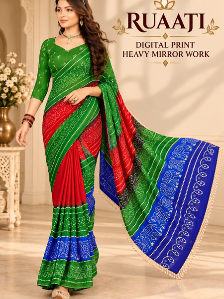 Multi Color Georgette Saree with Digital Print & Heavy Mirror Work