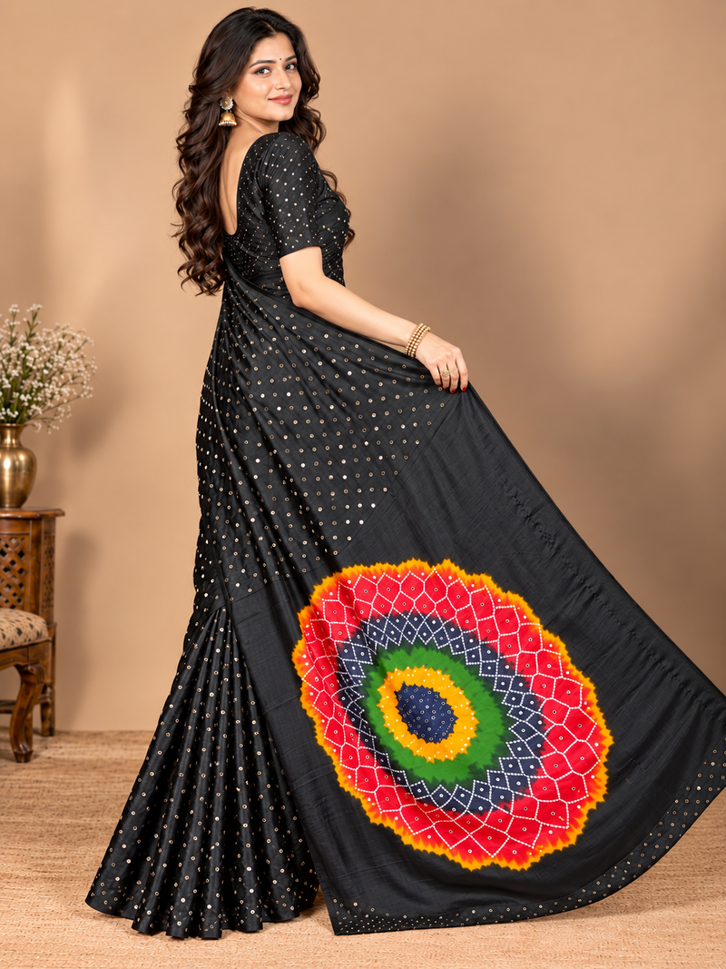 Premium Modal Silk Black Saree with Mirror Work & Designer Border