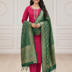 Pink Embroidered Straight Suit with Green Dupatta