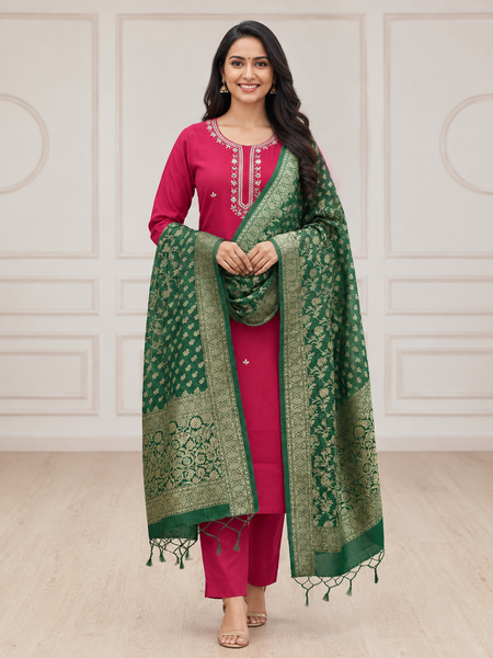 Pink Embroidered Straight Suit with Green Dupatta