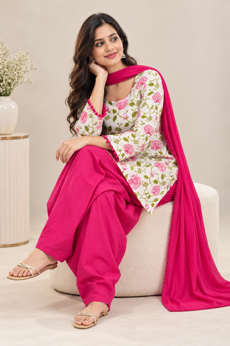 Ruaati Pink Printed Cotton Farsi Salwar Suit Set with Dupatta