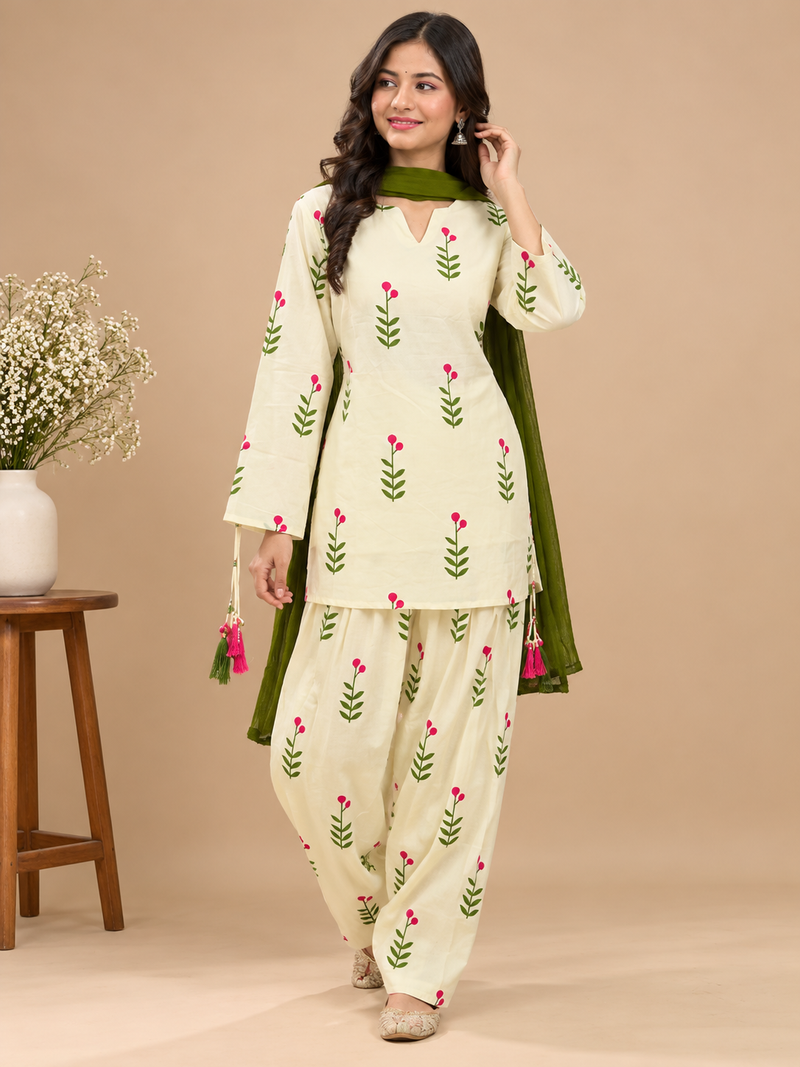 Royal Cream Printed Cotton Farsi Salwar Suit Set with Dupatta