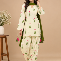Royal Cream Printed Cotton Farsi Salwar Suit Set with Dupatta