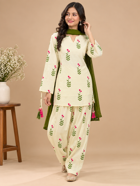 Royal Cream Printed Cotton Farsi Salwar Suit Set with Dupatta