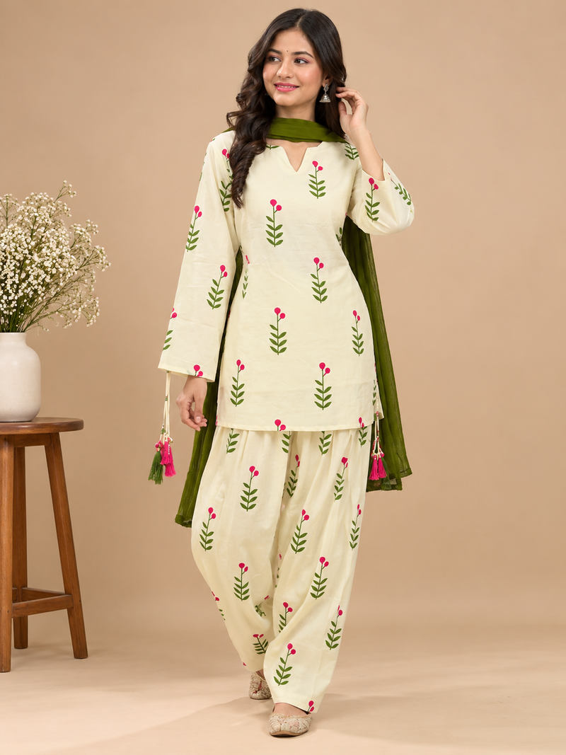 Royal Cream Printed Cotton Farsi Salwar Suit Set with Dupatta