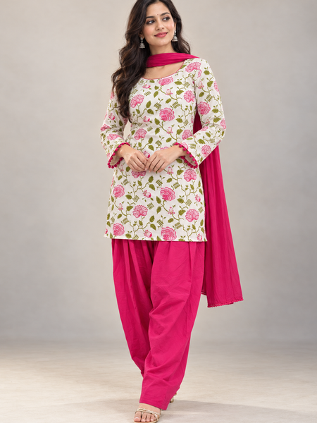 Ruaati Pink Printed Cotton Farsi Salwar Suit Set with Dupatta
