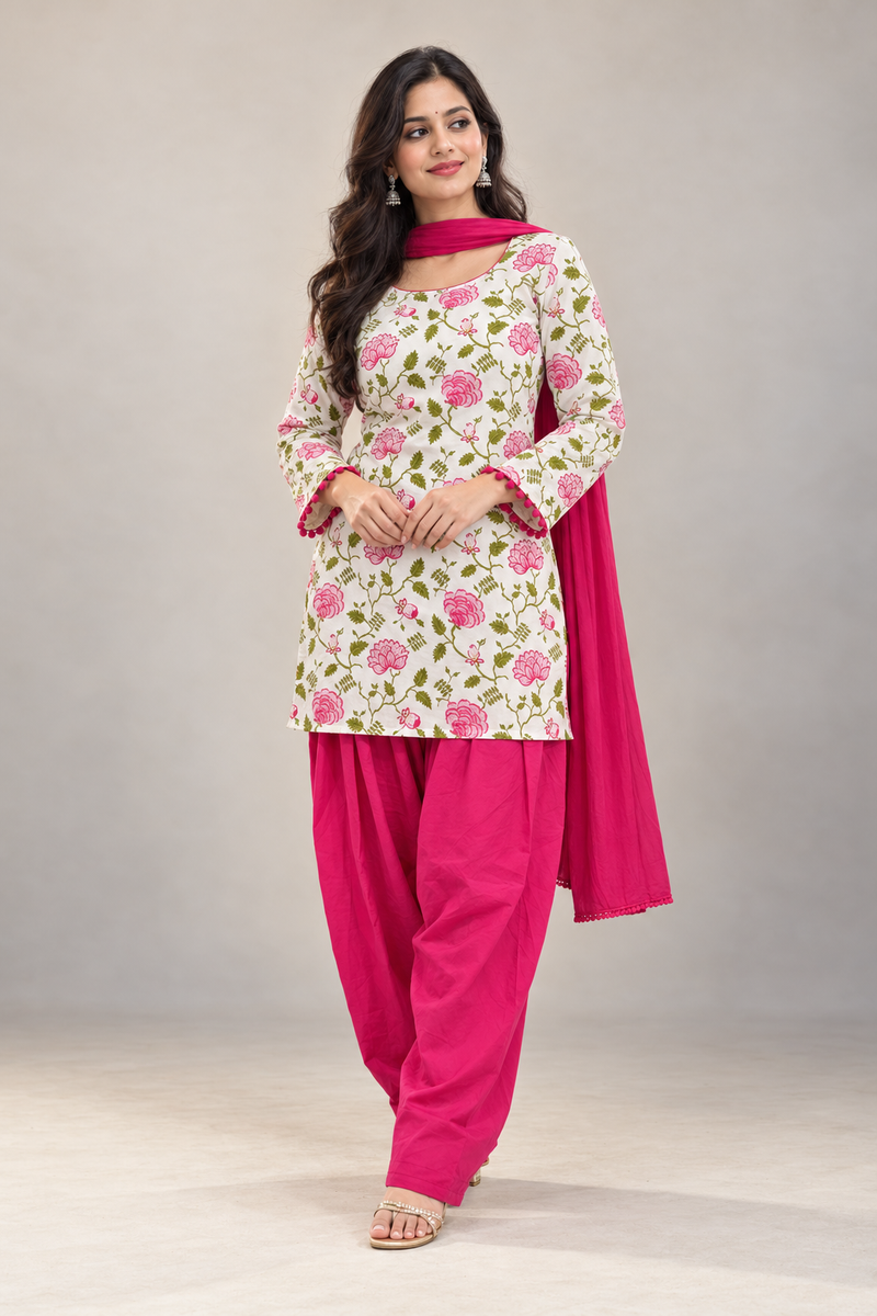Ruaati Pink Printed Cotton Farsi Salwar Suit Set with Dupatta