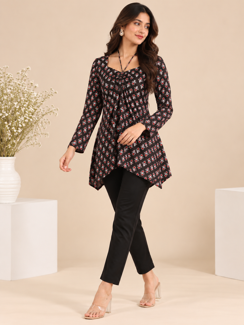Royal Black Premium Cotton Floral Printed Straight Kurti