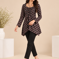 Royal Black Premium Cotton Floral Printed Straight Kurti
