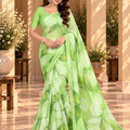 Light Green Floral Printed Georgette Saree for Women