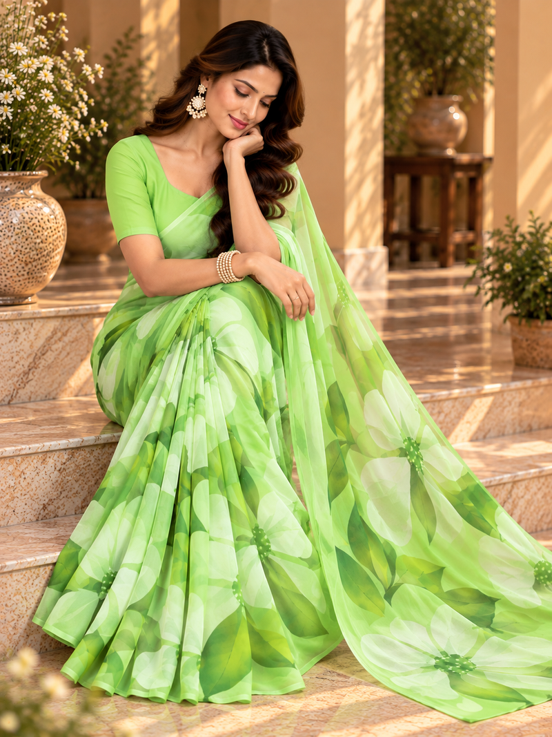 Light Green Floral Printed Georgette Saree for Women