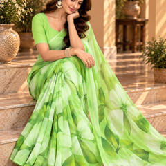 Light Green Floral Printed Georgette Saree for Women
