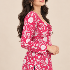 Royal Red Multi Premium Cotton Floral Printed Straight Kurti