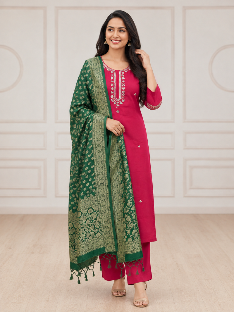 Pink Embroidered Straight Suit with Green Dupatta