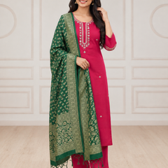 Pink Embroidered Straight Suit with Green Dupatta