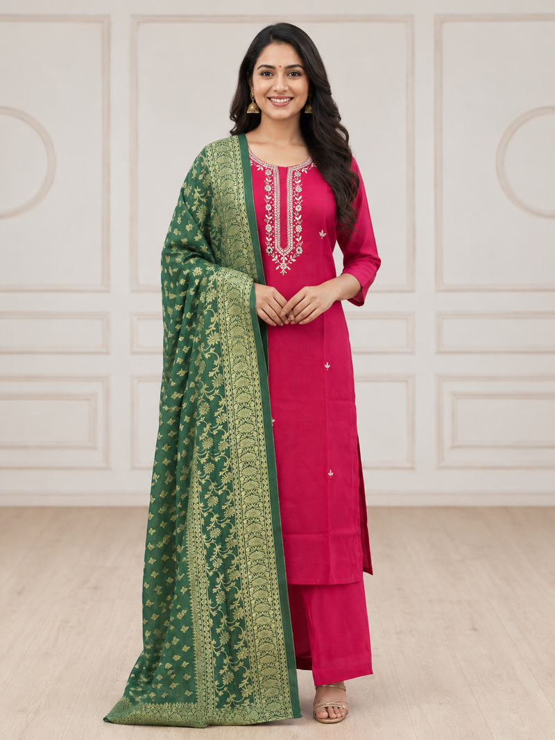 Pink Embroidered Straight Suit with Green Dupatta