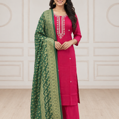 Pink Embroidered Straight Suit with Green Dupatta