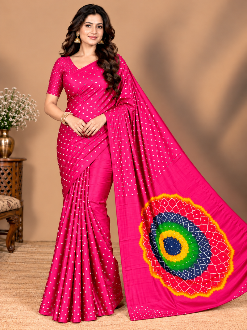 Premium Modal Silk Pink Color Saree with Mirror Work & Designer Border