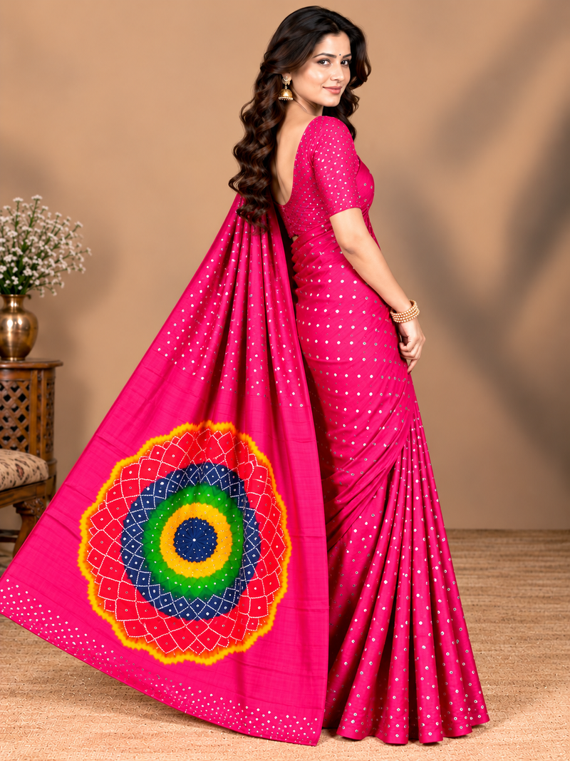 Premium Modal Silk Pink Color Saree with Mirror Work & Designer Border