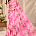 Pink Floral Printed Georgette Saree for Women