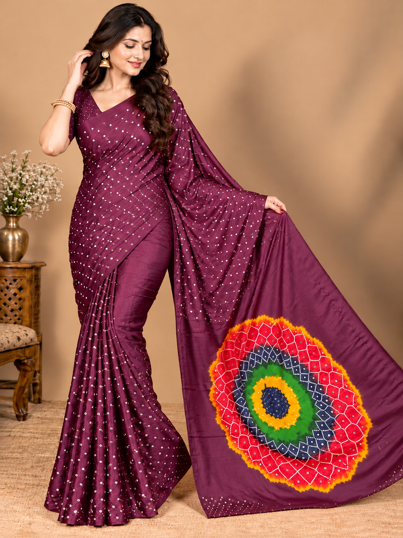 Premium Modal Silk Wine Color Saree with Mirror Work & Designer Border