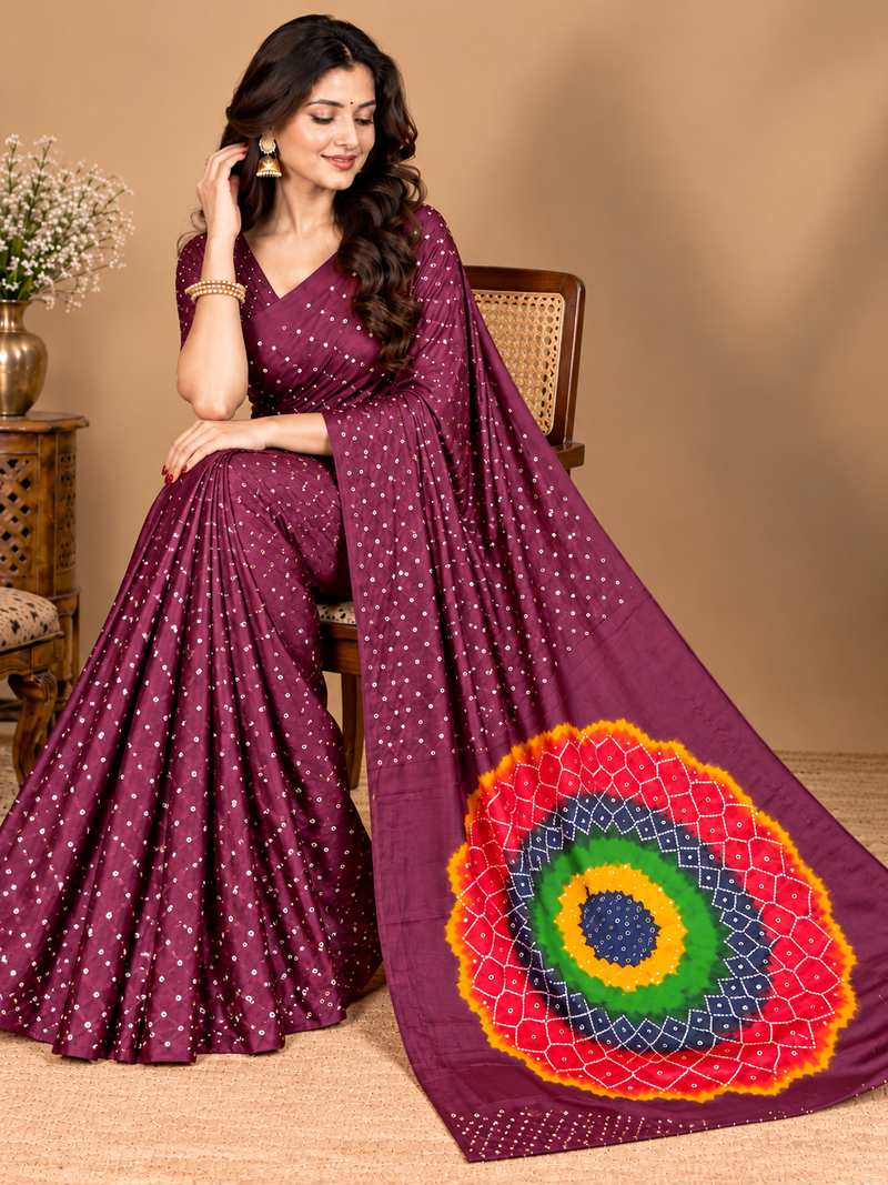 Premium Modal Silk Wine Color Saree with Mirror Work & Designer Border