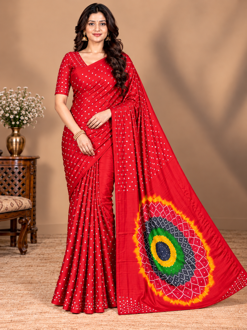 Premium Modal Silk Red Color Saree with Mirror Work & Designer Border