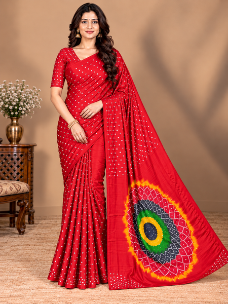 Premium Modal Silk Red Color Saree with Mirror Work & Designer Border