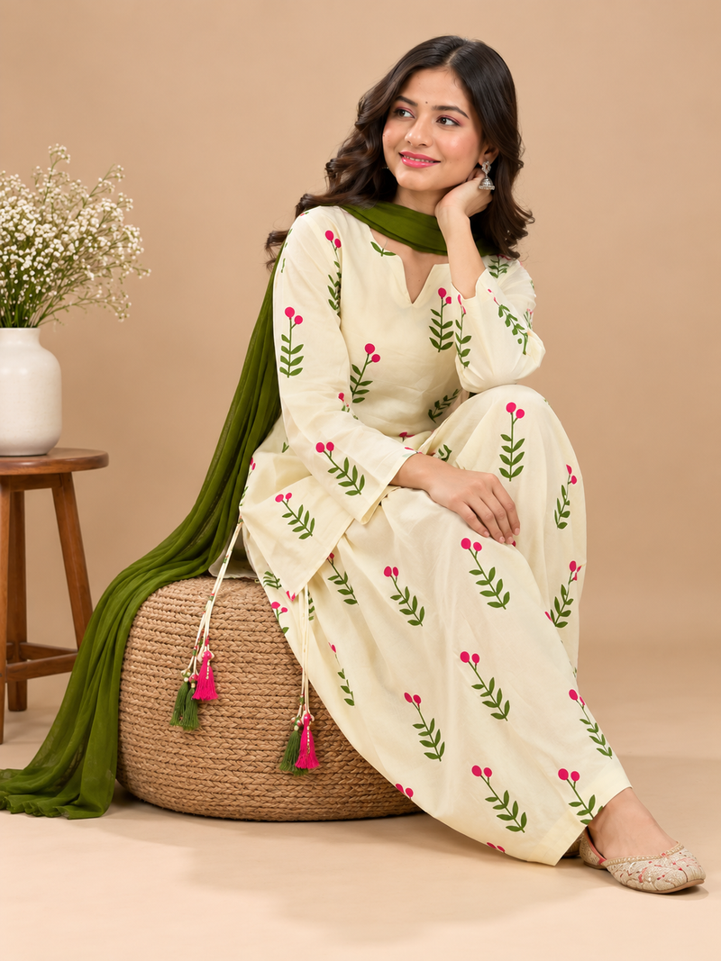 Royal Cream Printed Cotton Farsi Salwar Suit Set with Dupatta