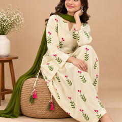 Royal Cream Printed Cotton Farsi Salwar Suit Set with Dupatta