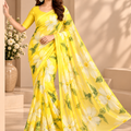 Yellow Floral Printed Georgette Saree