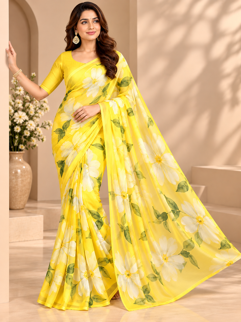 Yellow Floral Printed Georgette Saree