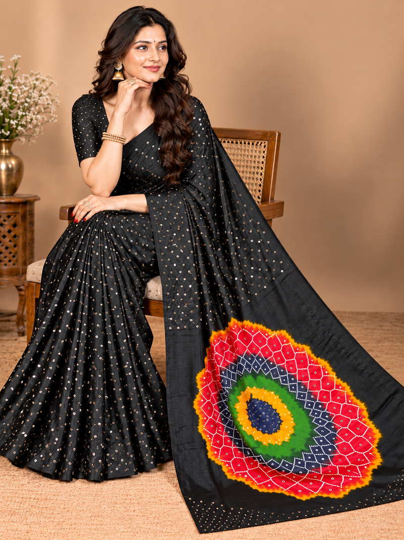 Premium Modal Silk Black Saree with Mirror Work & Designer Border