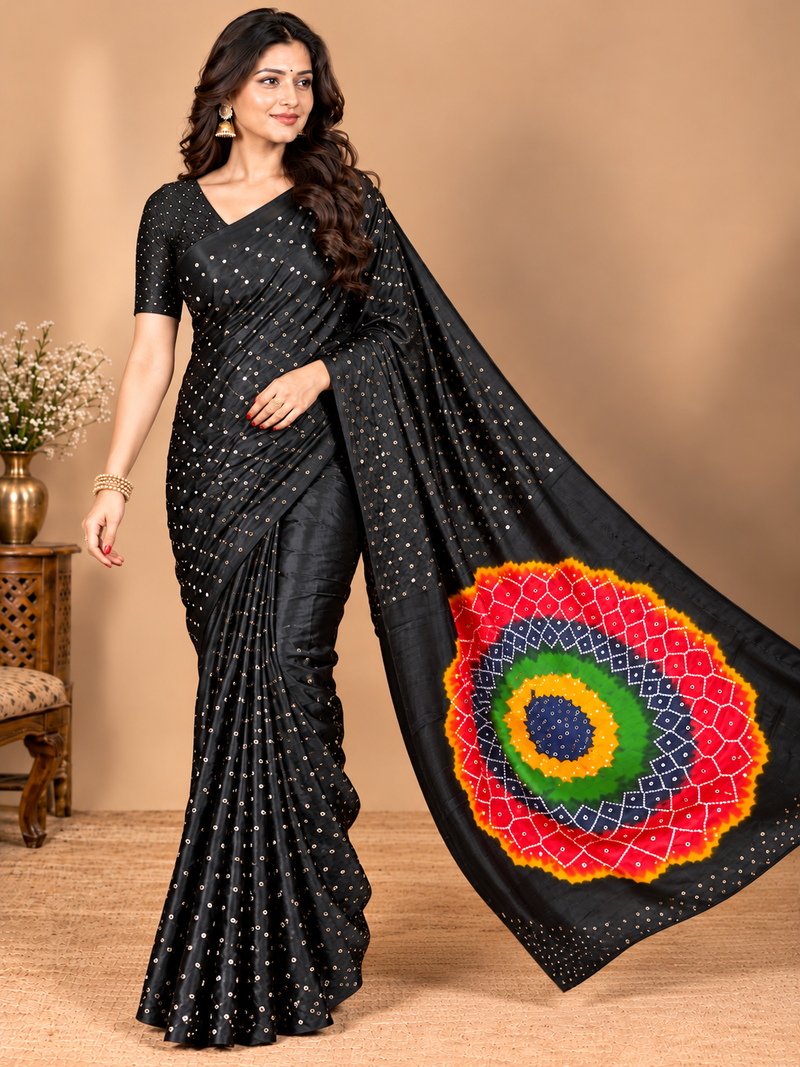 Premium Modal Silk Black Saree with Mirror Work & Designer Border