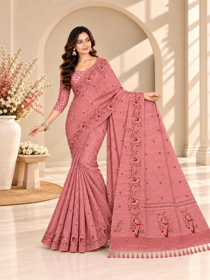 Pink Floral Printed Linen Saree