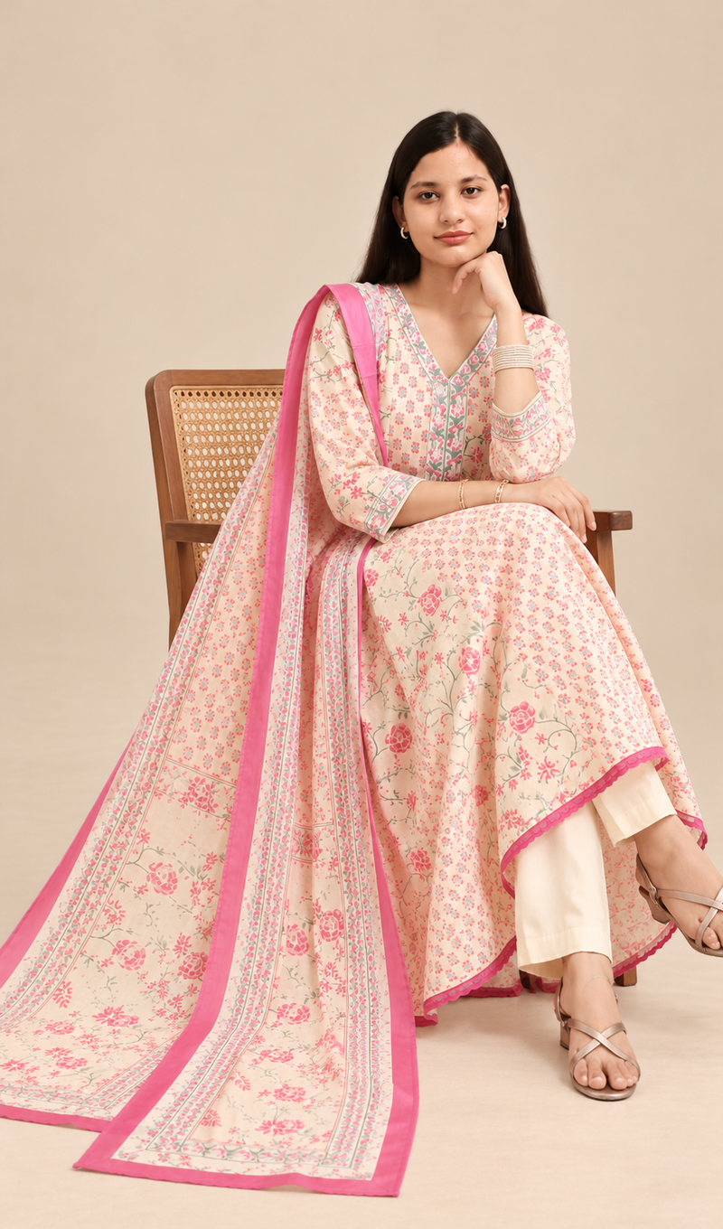 Cream Floral Printed Anarkali Set