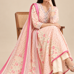 Cream Floral Printed Anarkali Set