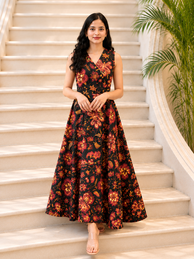 Black Floral Printed Flared Dress