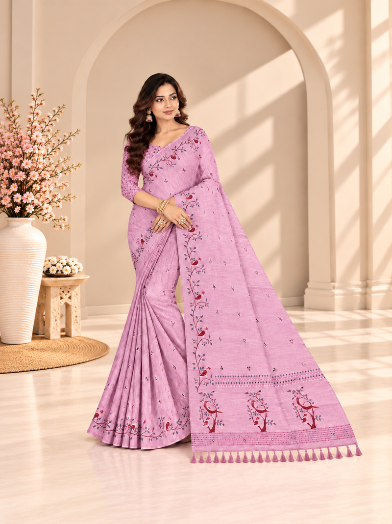 Lavender Floral Printed Linen Saree