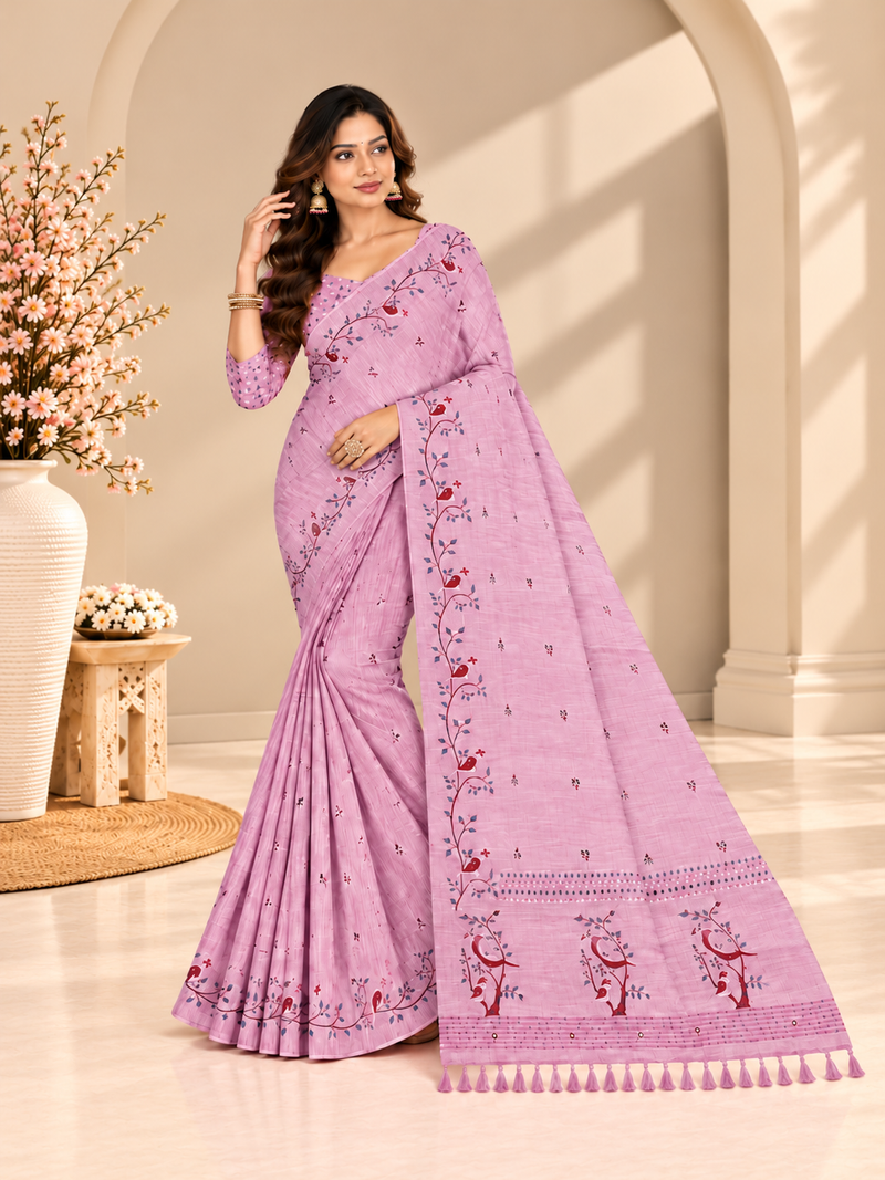 Lavender Floral Printed Linen Saree