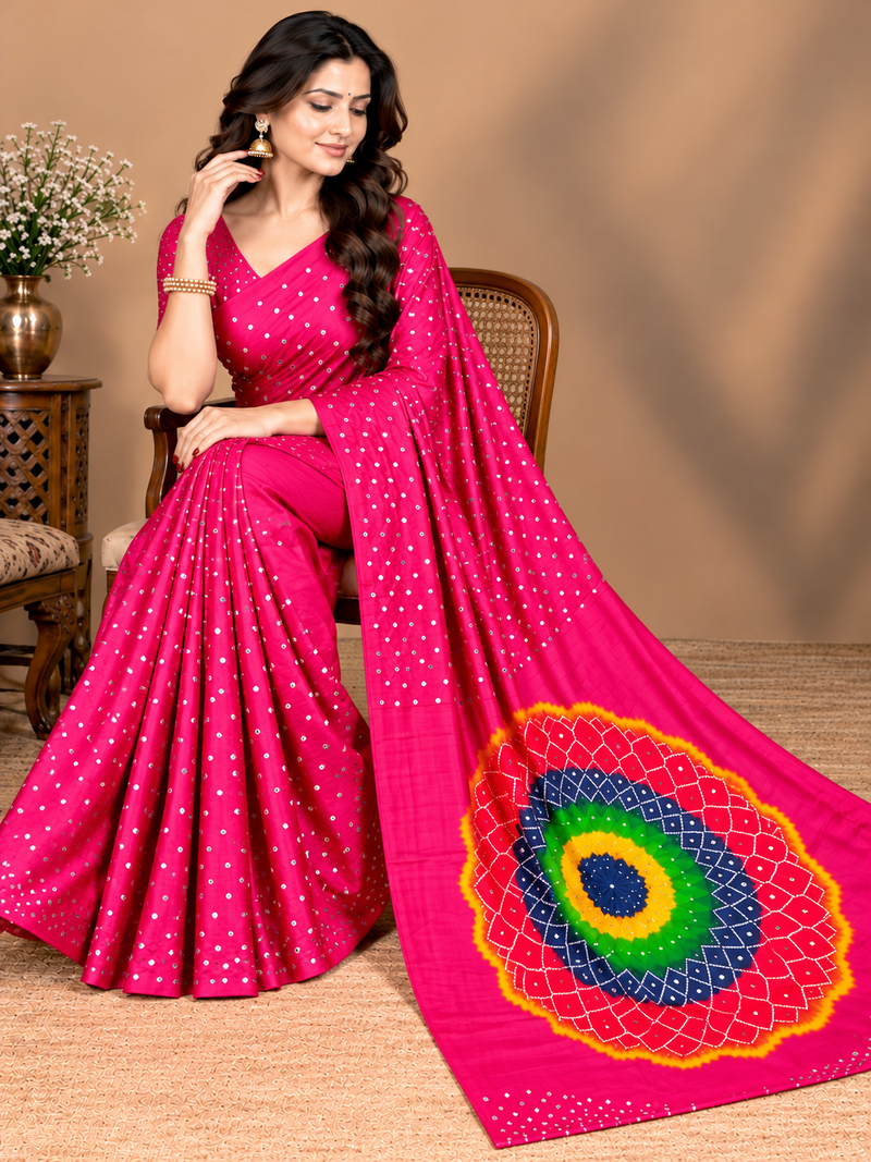 Premium Modal Silk Pink Color Saree with Mirror Work & Designer Border