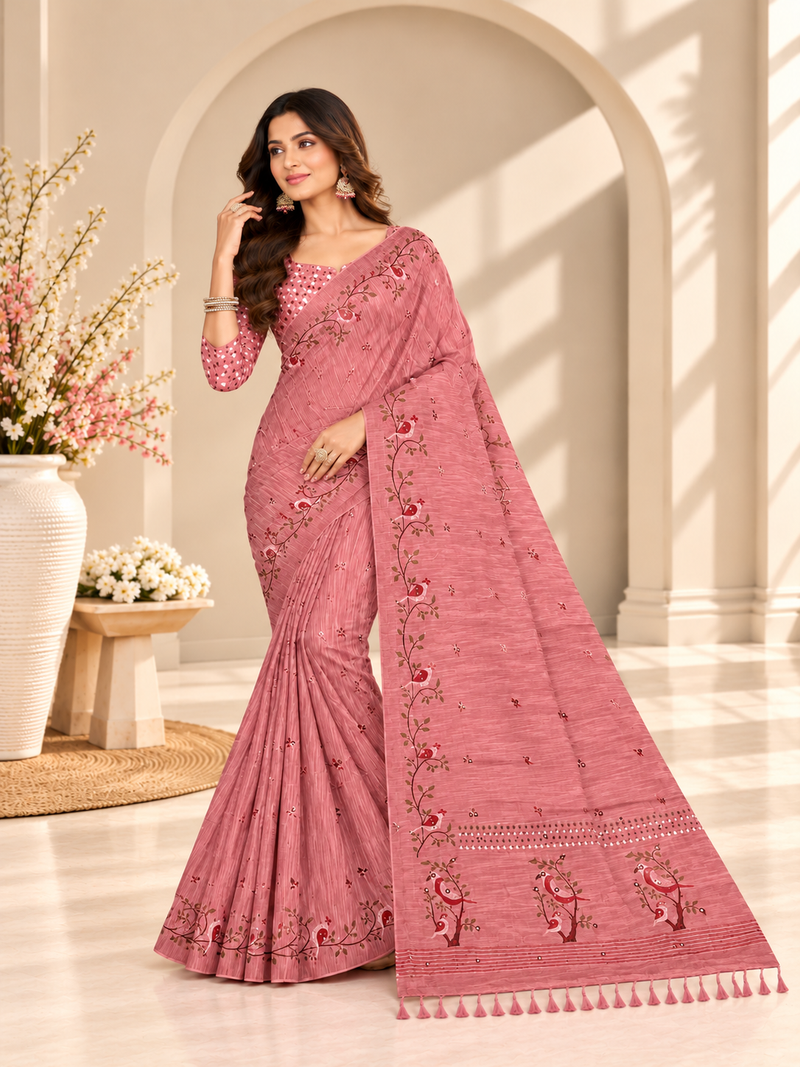 Pink Floral Printed Linen Saree