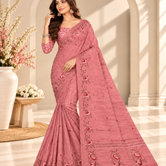 Pink Floral Printed Linen Saree