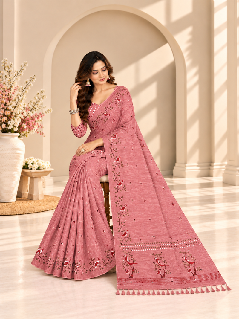 Pink Floral Printed Linen Saree