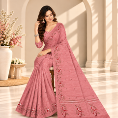 Pink Floral Printed Linen Saree